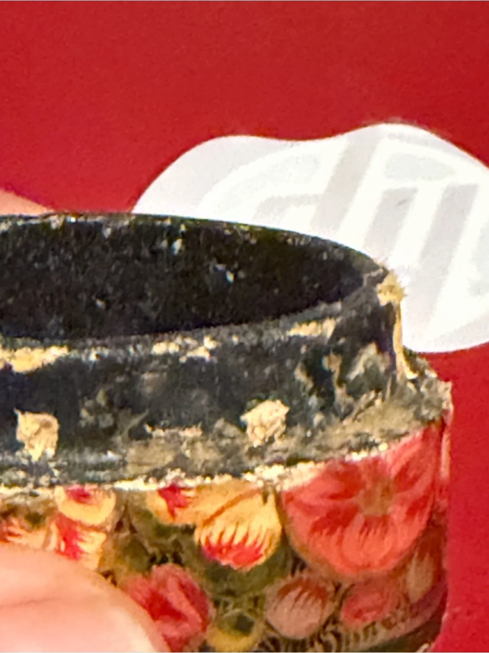 Hand-Painted Floral Round Trinket Box - Red and Gold Floral Design from India.